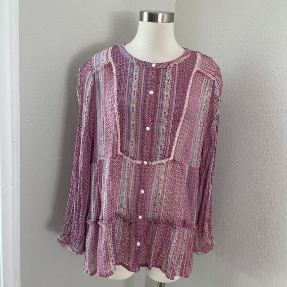 Sundance Womens Petite XL Blouse Gemini Top Berry Pink Button Down Sheer Shirt - Picture 2 of 11